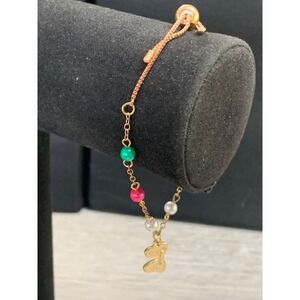 Gold Tone Butterfly Bolo Bracelet Multi Color Faux Pearl Adjustable Chain 6in